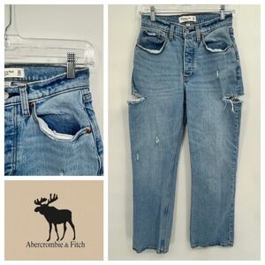 Abercrombie & Fitch 90s Baggy Low Rise Curve Jeans Size 24‎ Light Wash Rips